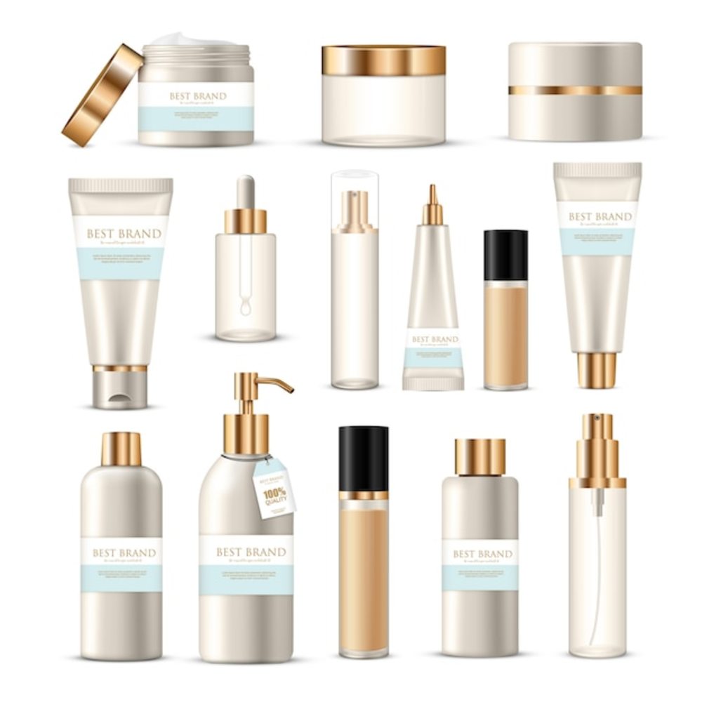 具有金银品牌装饰的美容产品面霜乳液的化妆品包装系列